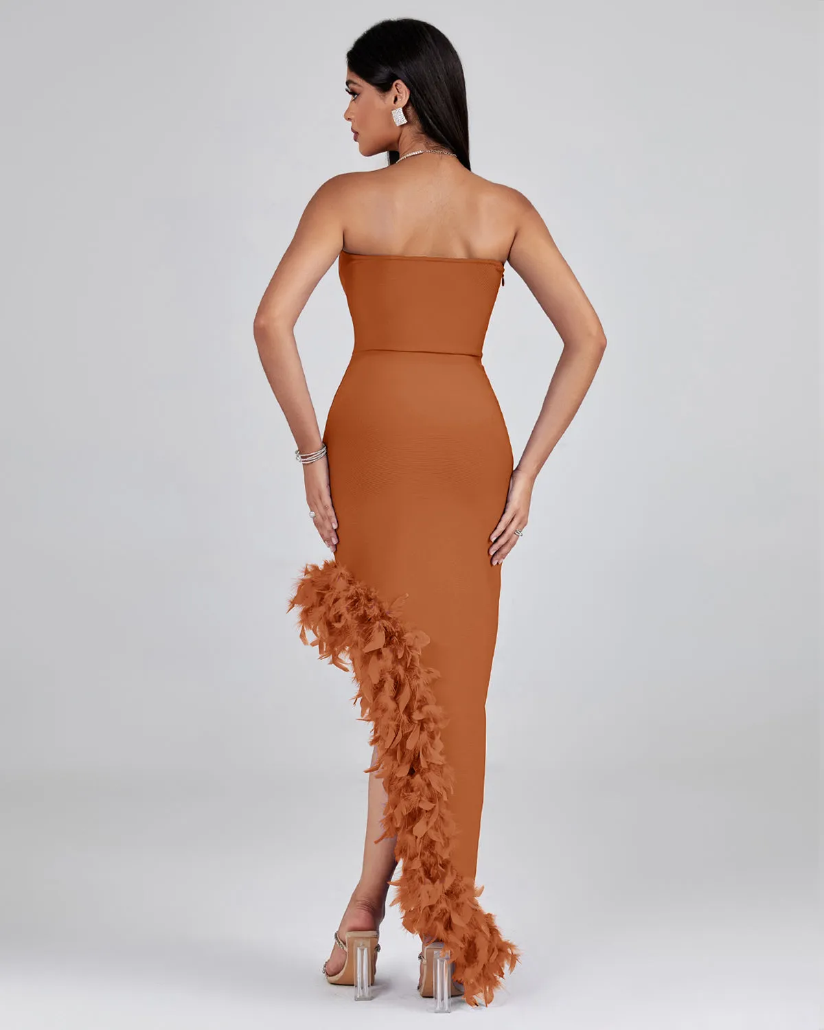 Strapless Feather Trim Bandage Long Dress