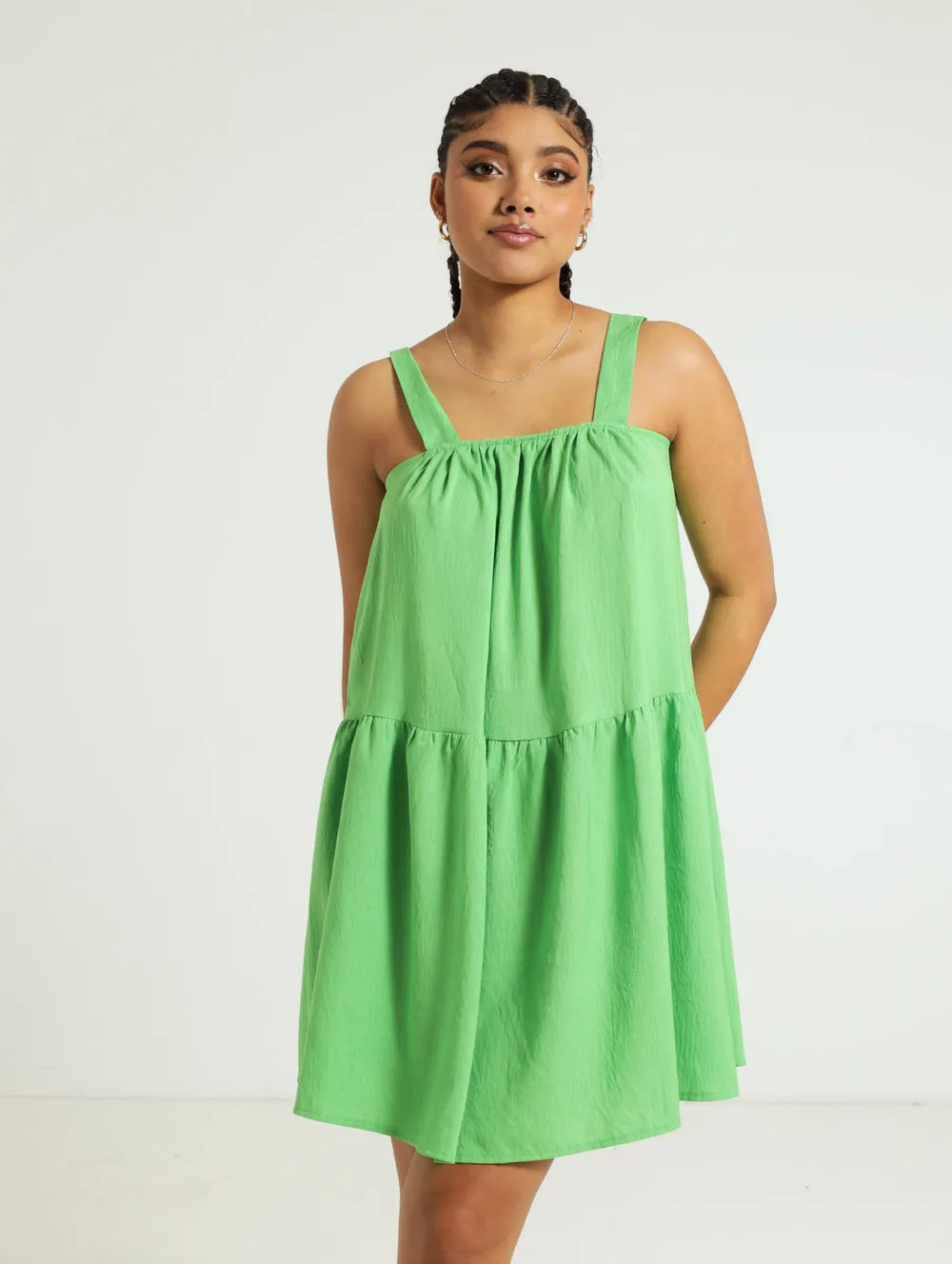 Strappy Tiered Mini Swing Dress - Green