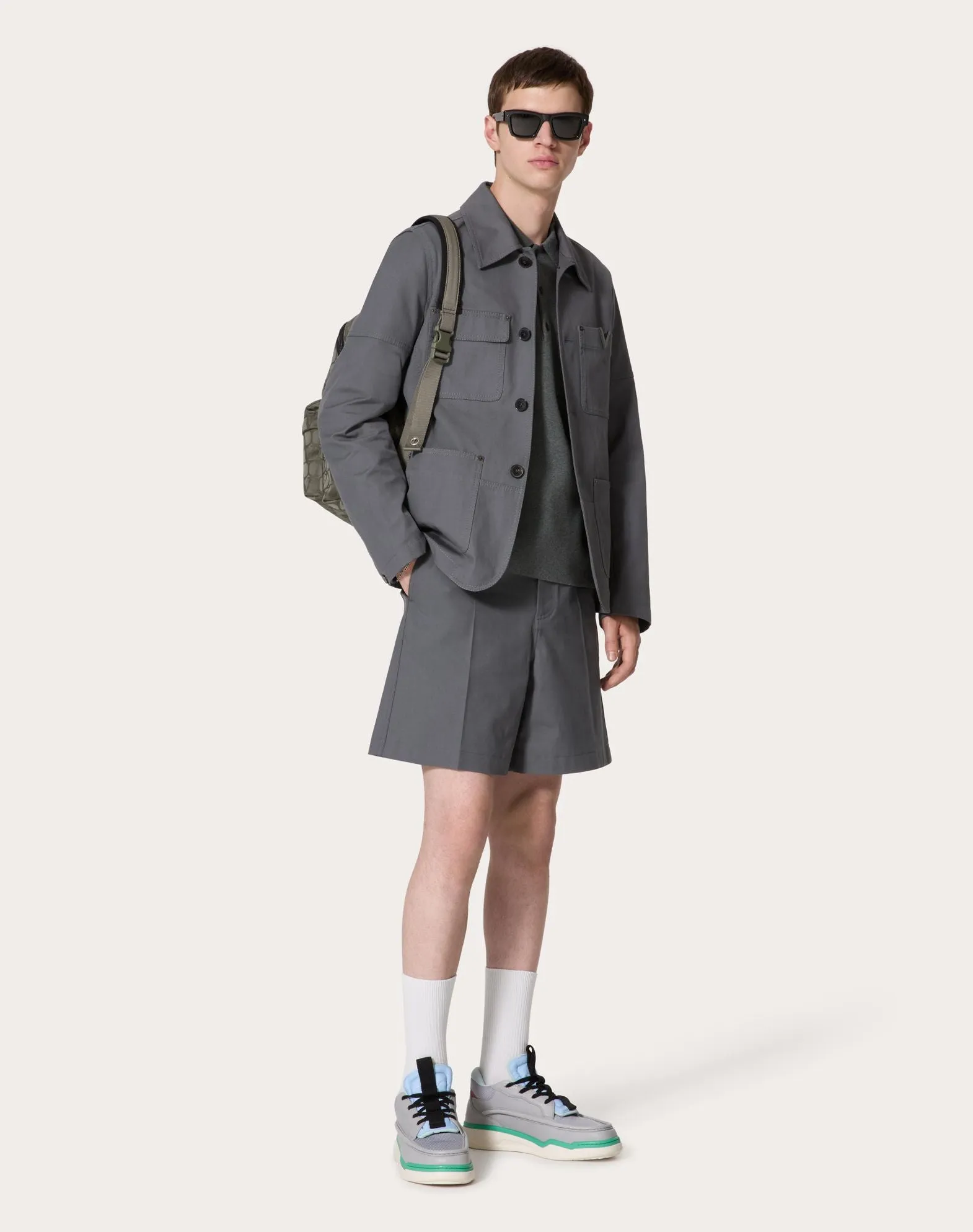 Stretch Cotton Canvas Jacket With Metallic V Detail