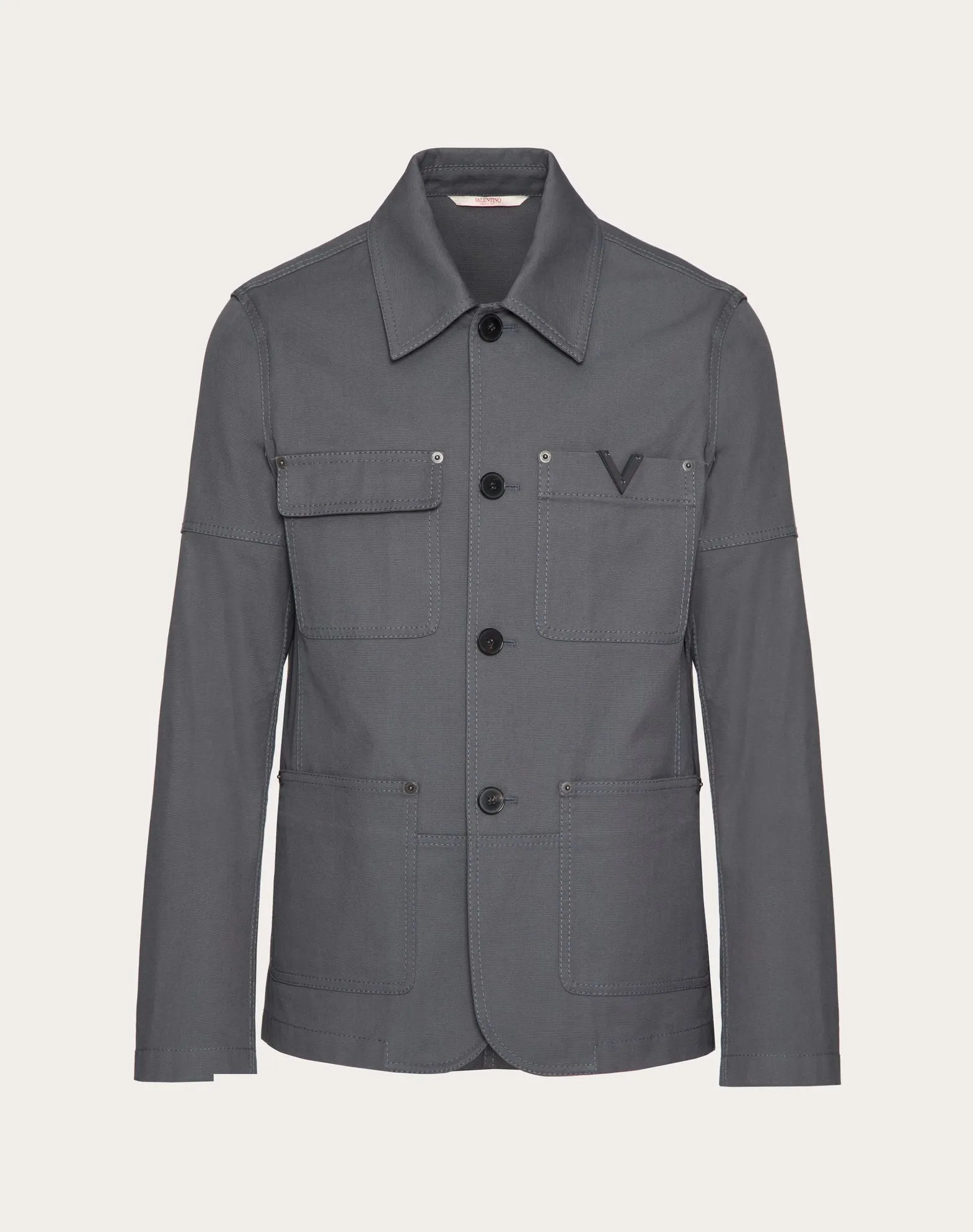 Stretch Cotton Canvas Jacket With Metallic V Detail