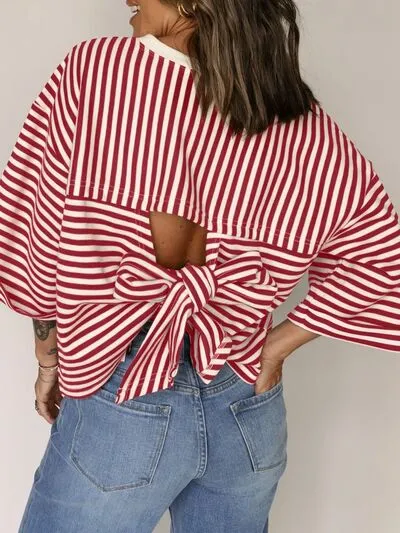 Stripe Bow Decor Cutout Drop Shoulder Top