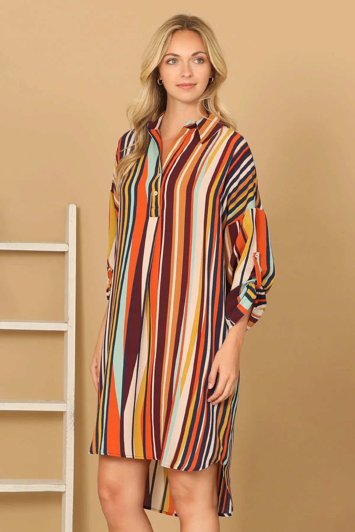 STRIPE HALF SLEEVE CURVE HEM DRESS