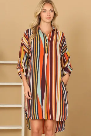 STRIPE HALF SLEEVE CURVE HEM DRESS