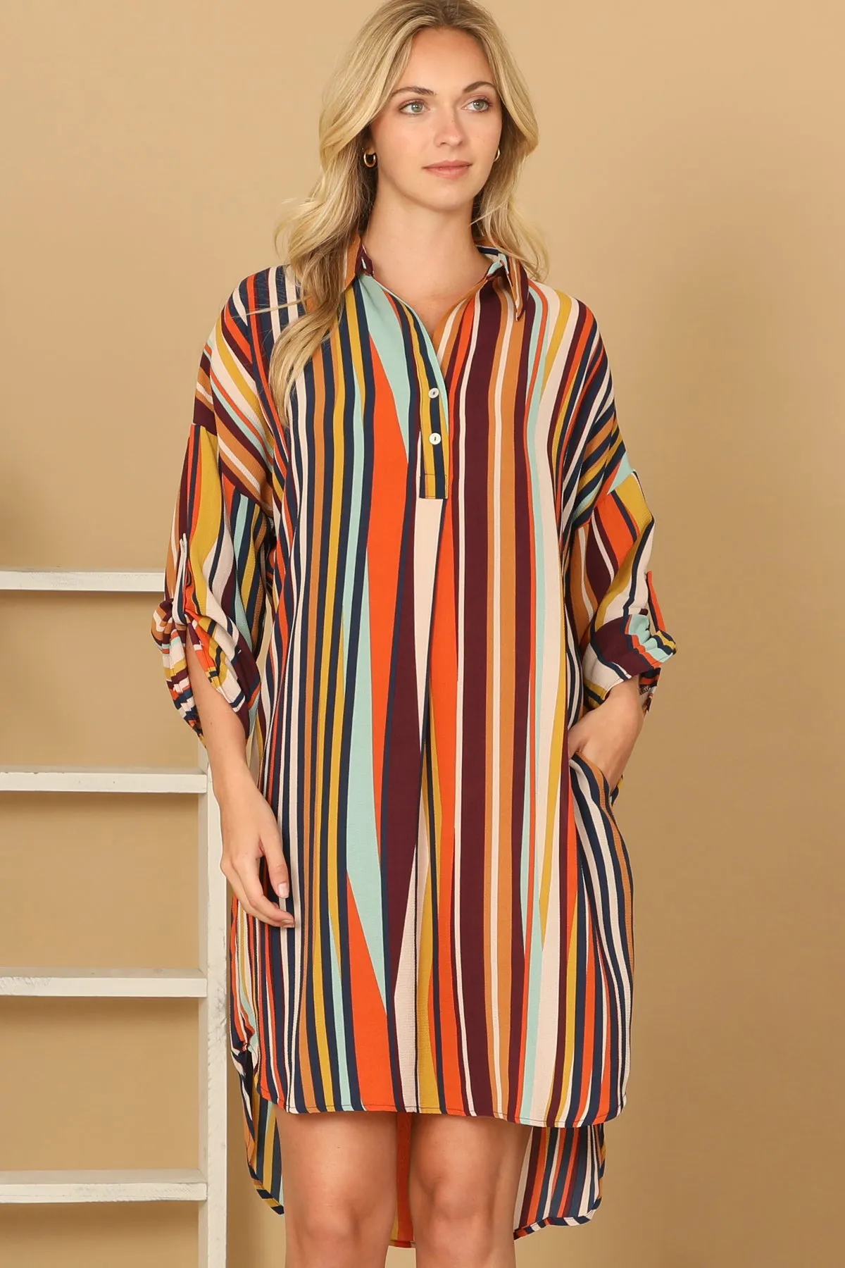 STRIPE HALF SLEEVE CURVE HEM DRESS