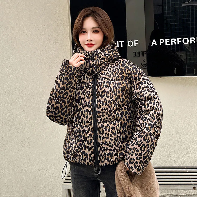 Stylish Quilted Puffer Jacket in Leopard Print for Women
