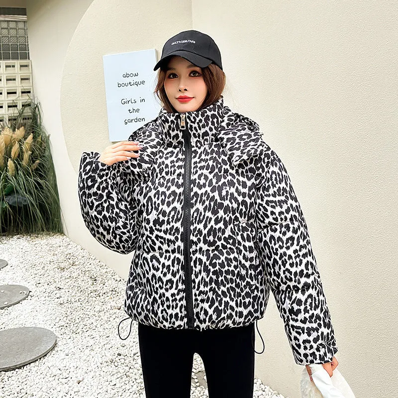Stylish Quilted Puffer Jacket in Leopard Print for Women