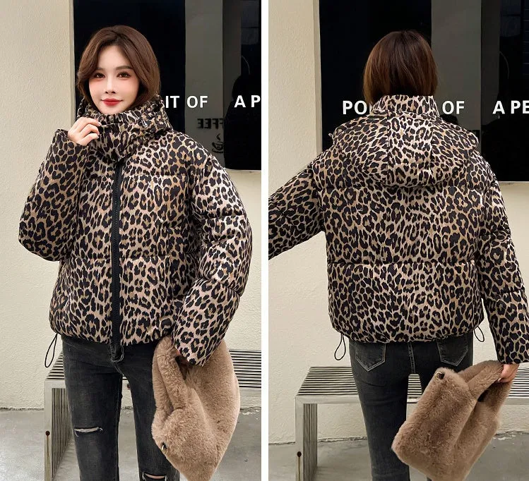 Stylish Quilted Puffer Jacket in Leopard Print for Women