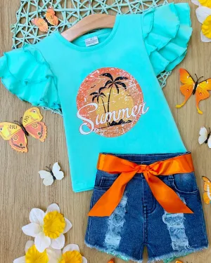 Summer Ruffle Top and Denim Short Set