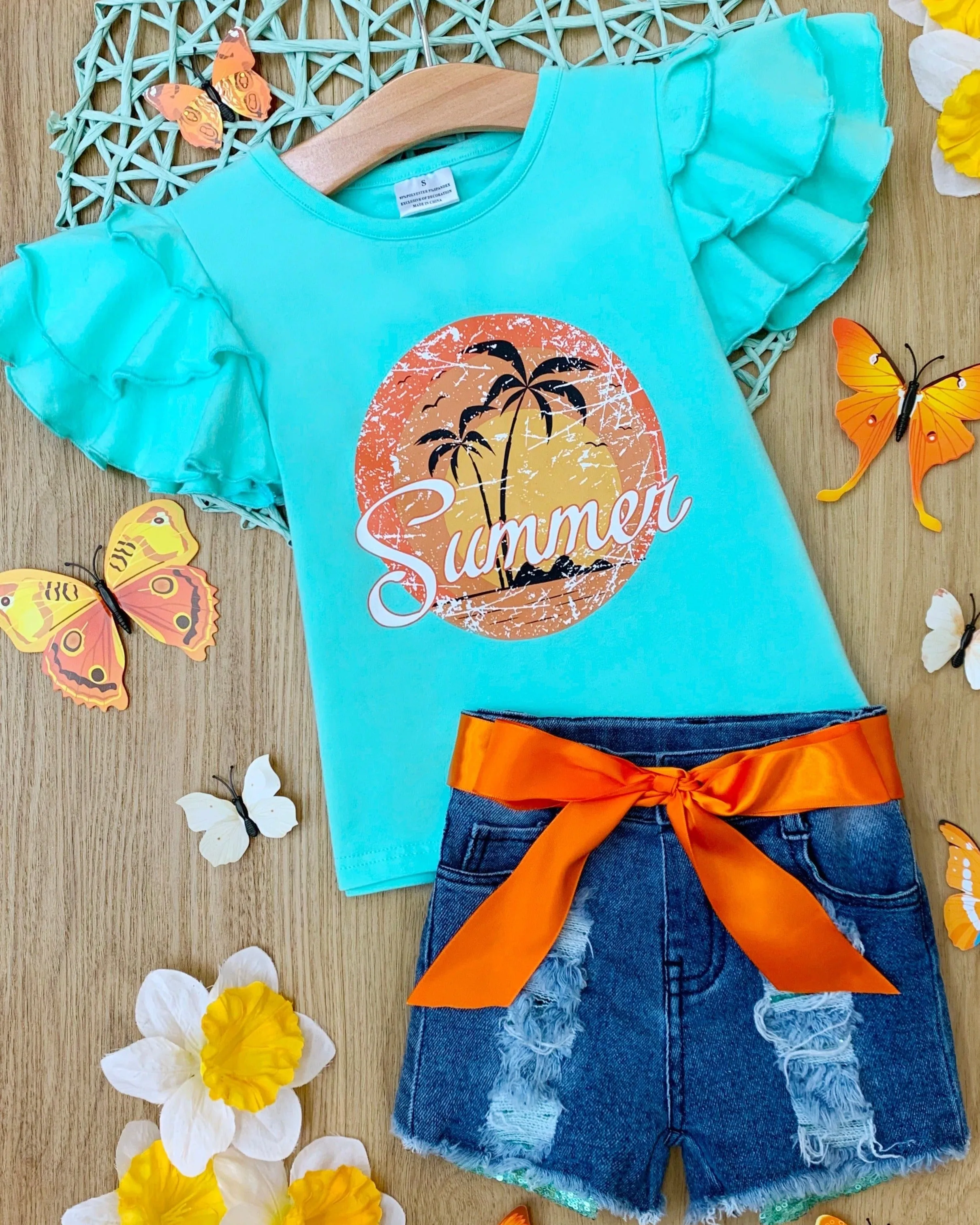 Summer Ruffle Top and Denim Short Set