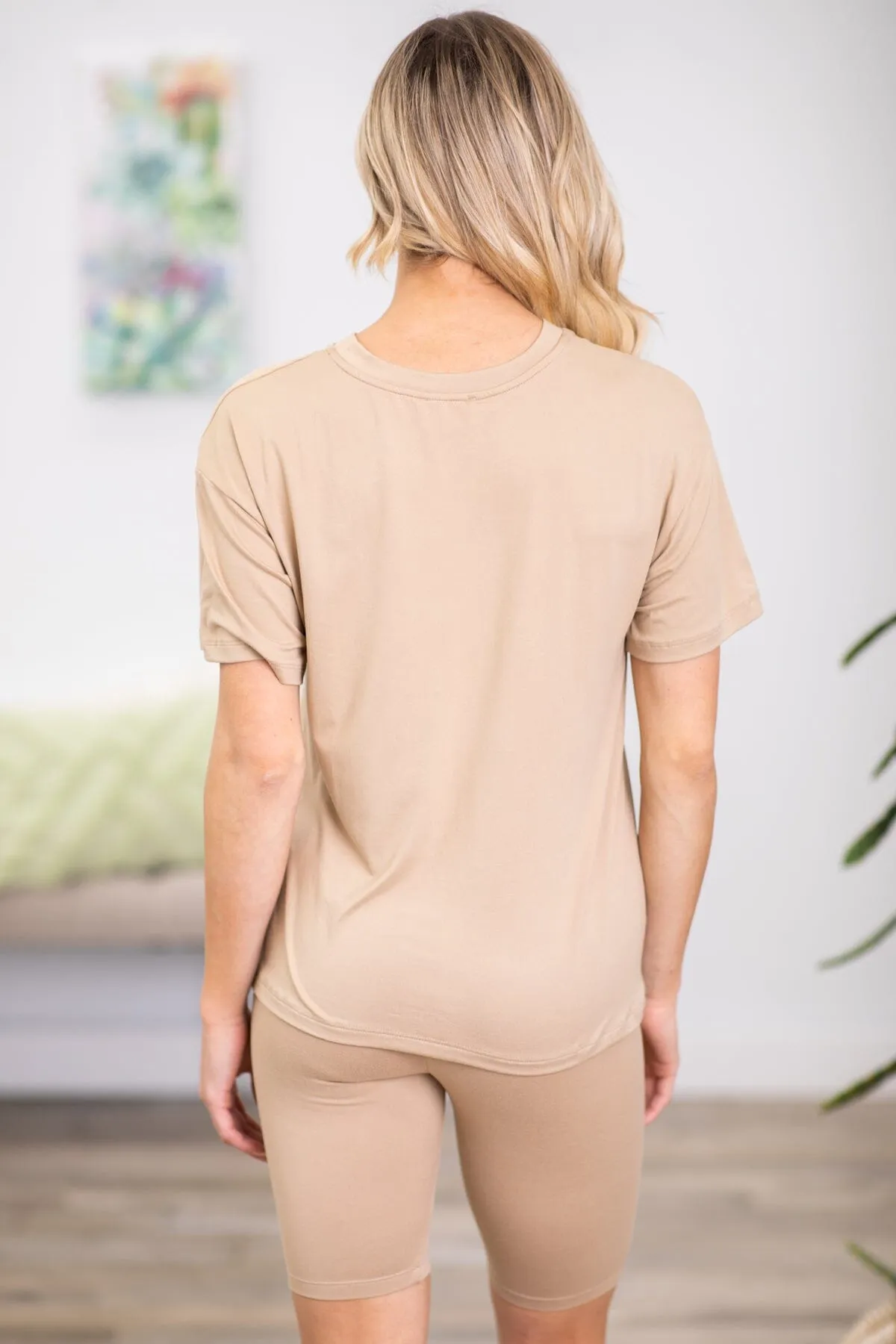 Tan Drop Shoulder Top and Biker Short Set
