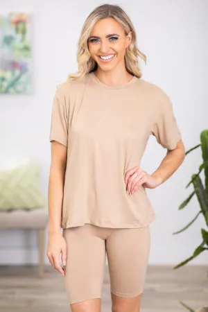 Tan Drop Shoulder Top and Biker Short Set