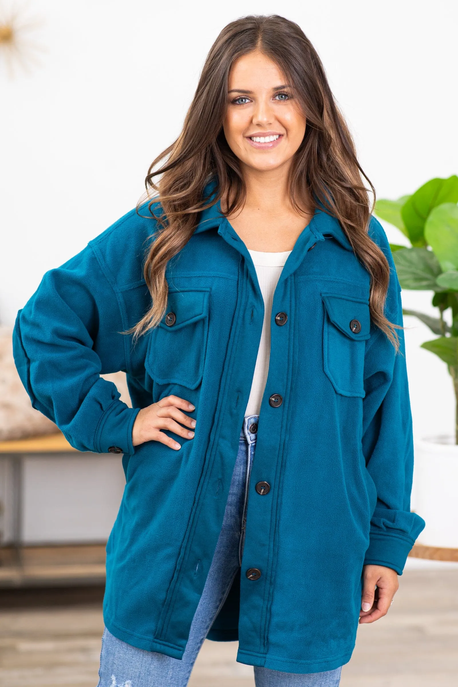 Teal Fleece Boyfriend Fit Shacket