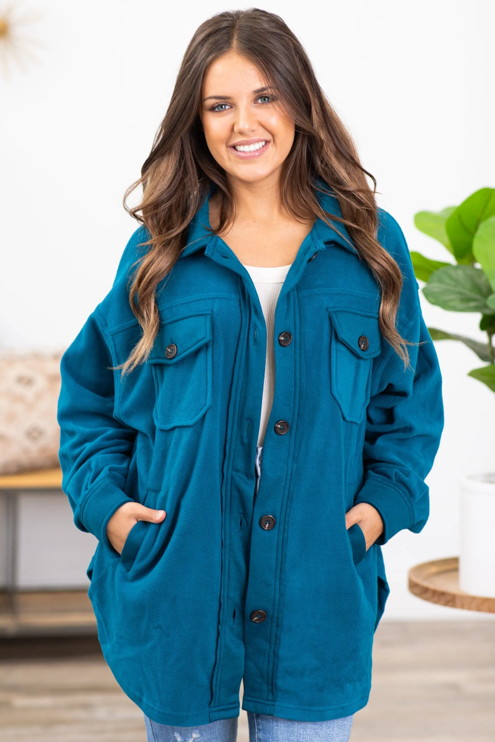 Teal Fleece Boyfriend Fit Shacket