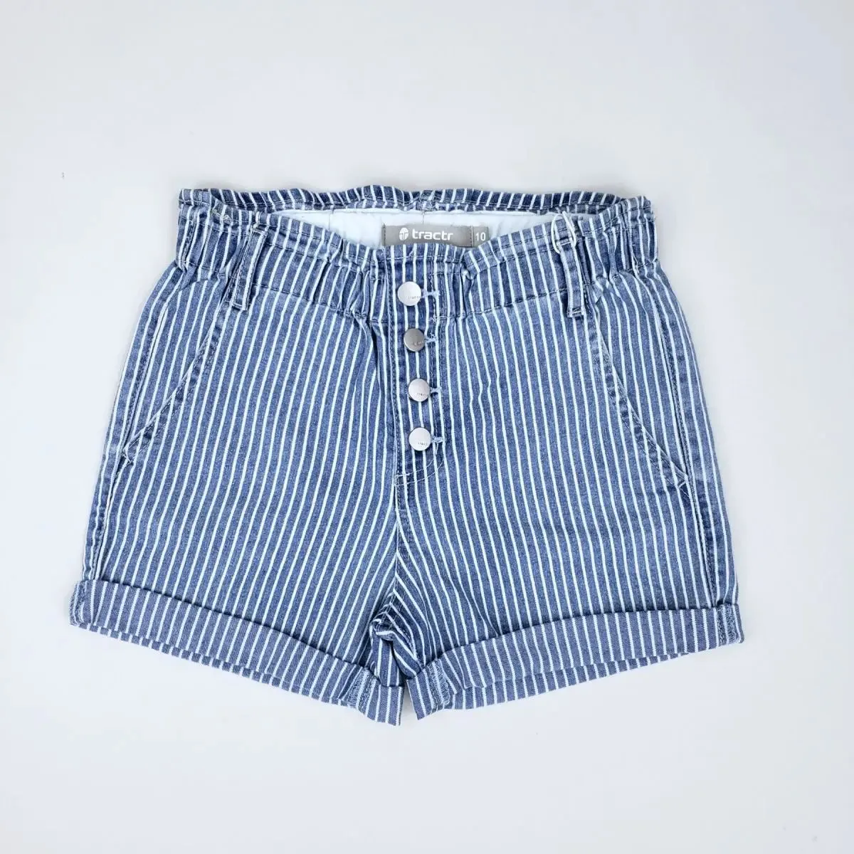 Tractr Girls High-Rise Stripe Paper Bag Short - Medium Wash