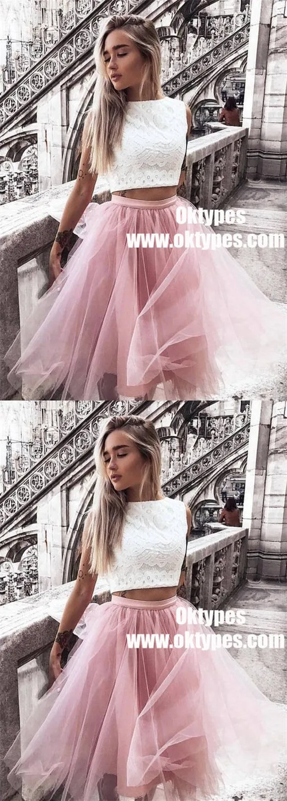 Two Piece Bateau Pink Tulle Homecoming Party Dress with Lace, TYP0963