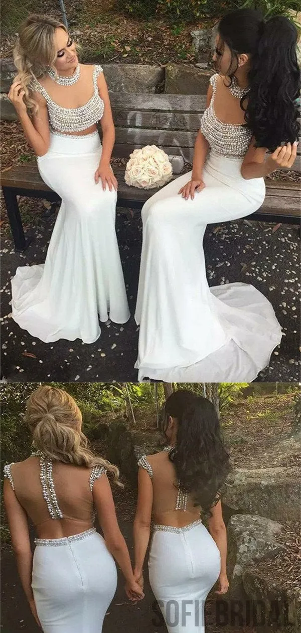 Two-pieces Round Neck Beading Top Long Mermaid Bridesmaid Dresses, BD1054