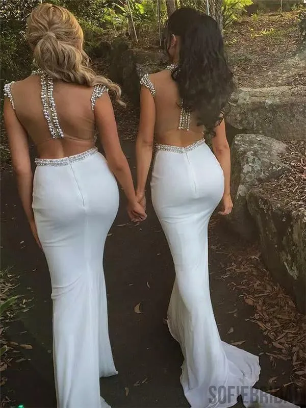 Two-pieces Round Neck Beading Top Long Mermaid Bridesmaid Dresses, BD1054