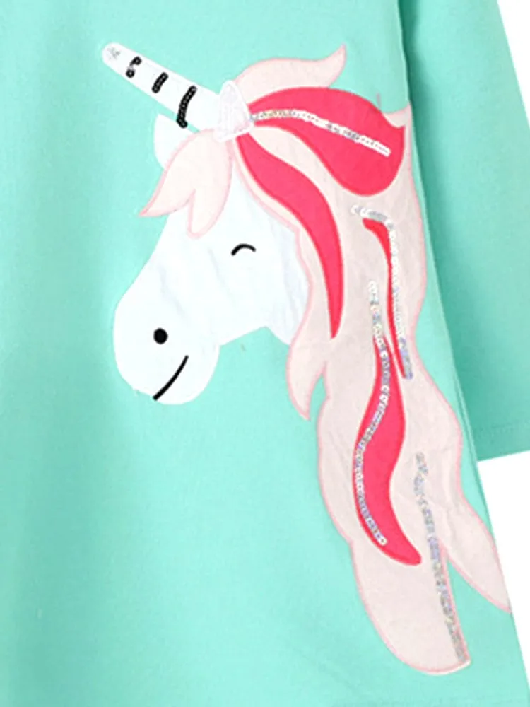 Ursula the Unicorn - Girls Long Sleeve Hooded Turquoise Unicorn Dress