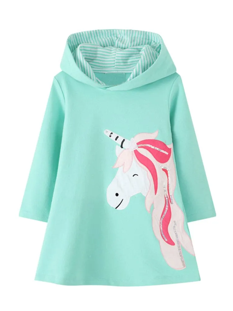 Ursula the Unicorn - Girls Long Sleeve Hooded Turquoise Unicorn Dress