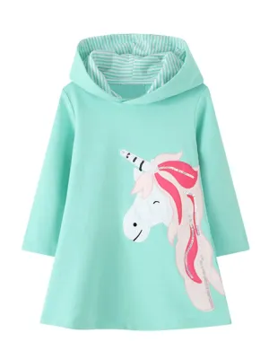 Ursula the Unicorn - Girls Long Sleeve Hooded Turquoise Unicorn Dress