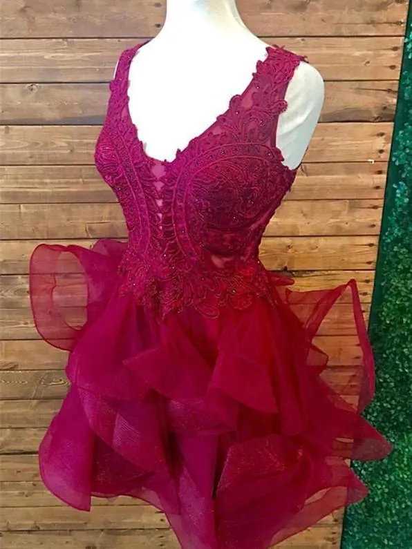 V Neck Burgundy Lace Short Cheap Homecoming Dresses Online, BDY0352