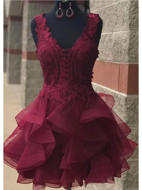 V Neck Burgundy Lace Short Cheap Homecoming Dresses Online, BDY0352