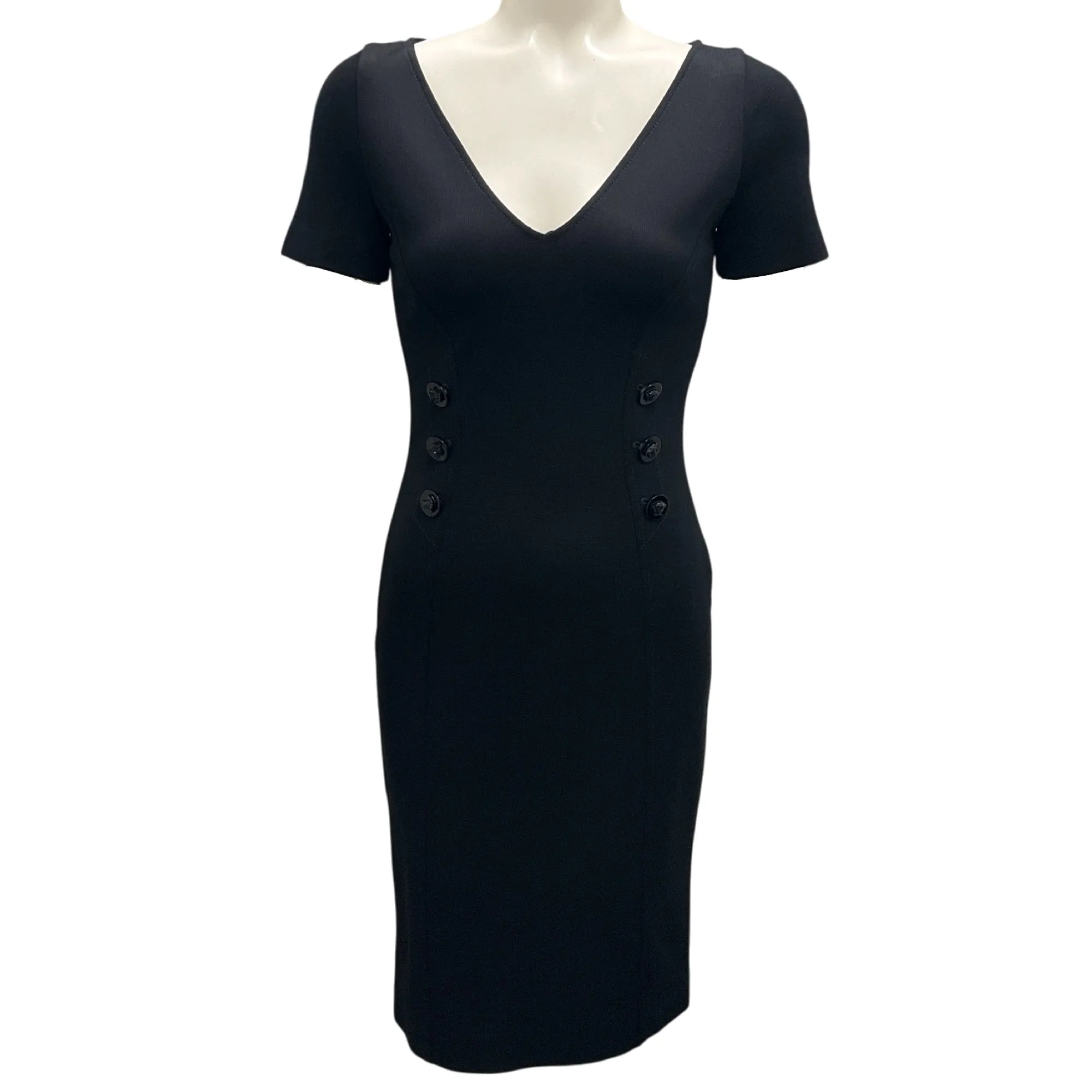 Versace Black 2013 Short Sleeved Medusa Button Fitted Stretch Knit Dress