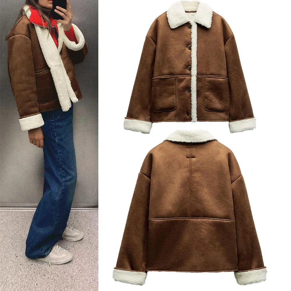 Vintage Thick Warm Fur Coat Brown Jacket Women