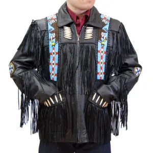 Western Black Leather Fringe Eagle Beaded Jacket for Men MWJ509