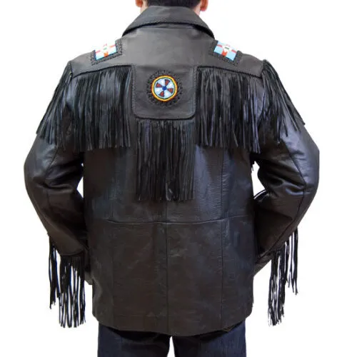 Western Black Leather Fringe Eagle Beaded Jacket for Men MWJ509