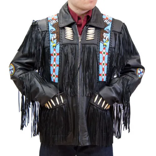 Western Black Leather Fringe Eagle Beaded Jacket for Men MWJ509