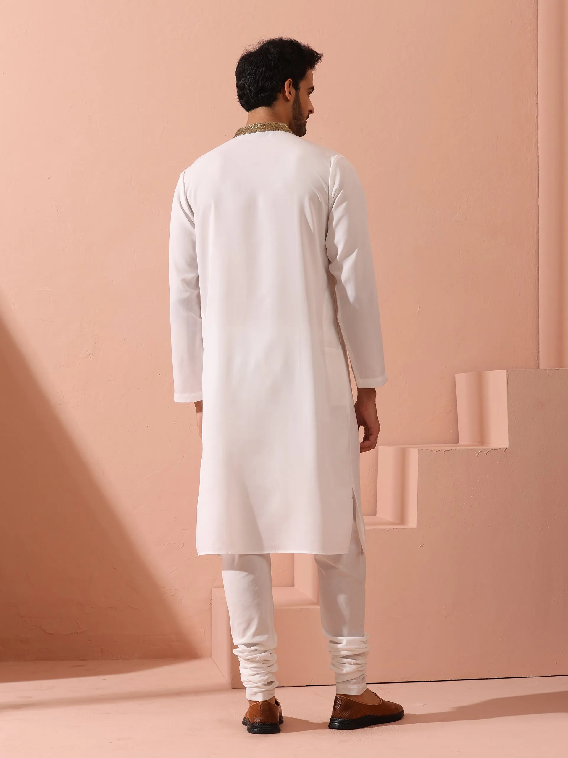 White & Gold Sequin Crepe Kurta with Hidden Placket
