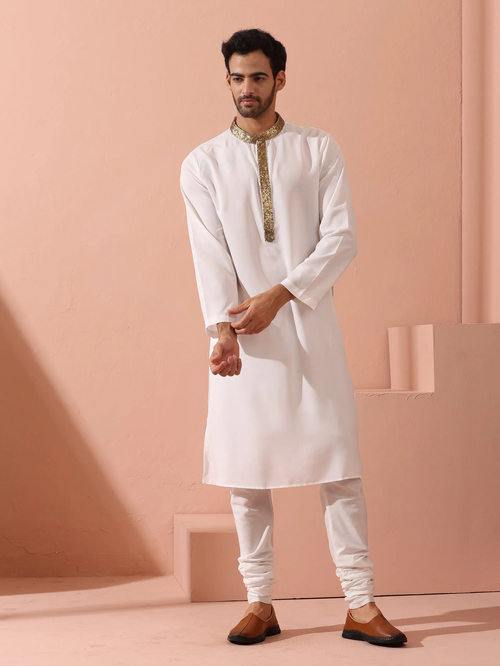 White & Gold Sequin Crepe Kurta with Hidden Placket