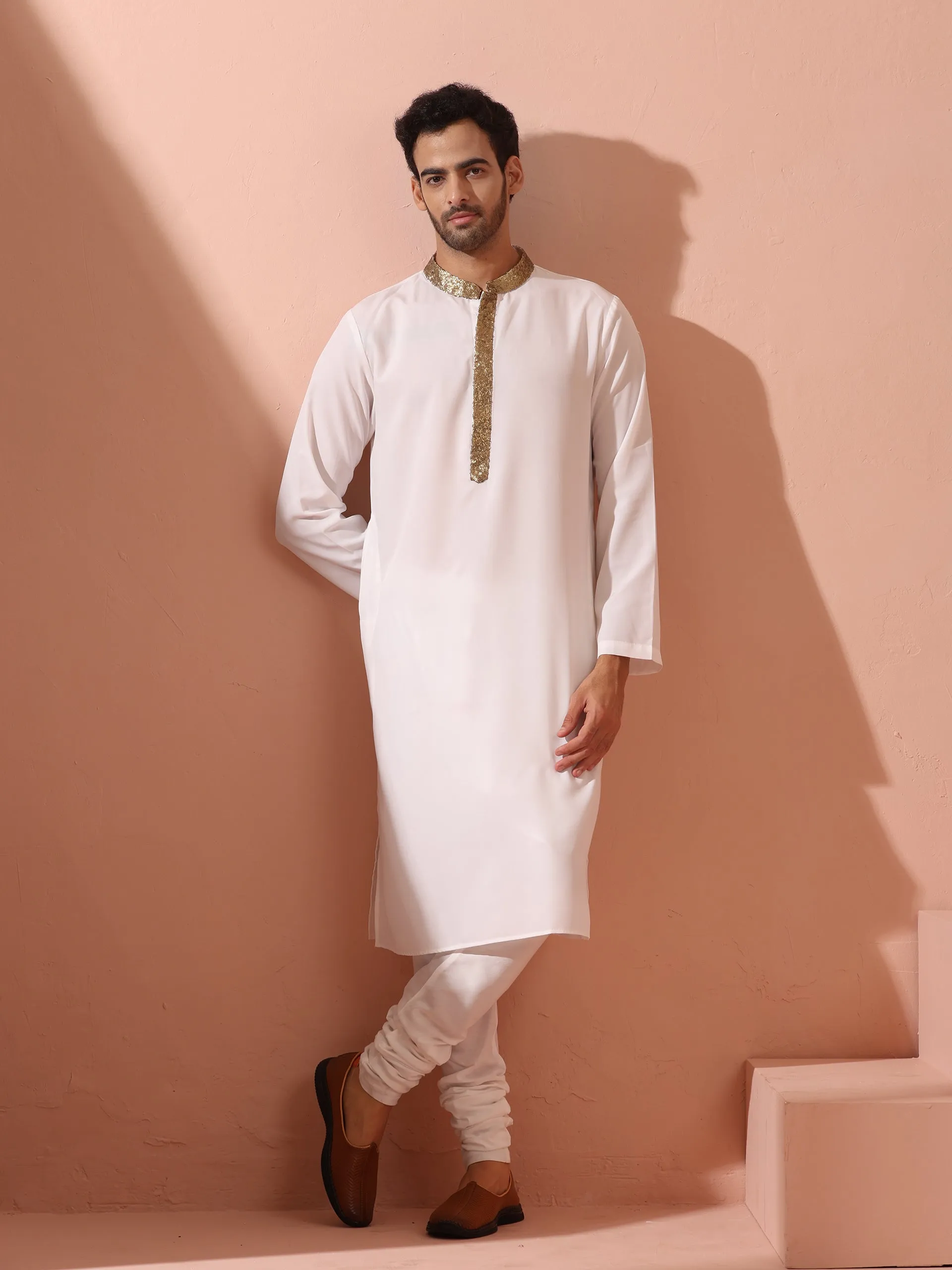 White & Gold Sequin Crepe Kurta with Hidden Placket