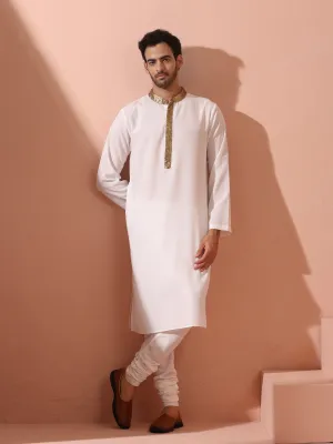 White & Gold Sequin Crepe Kurta with Hidden Placket