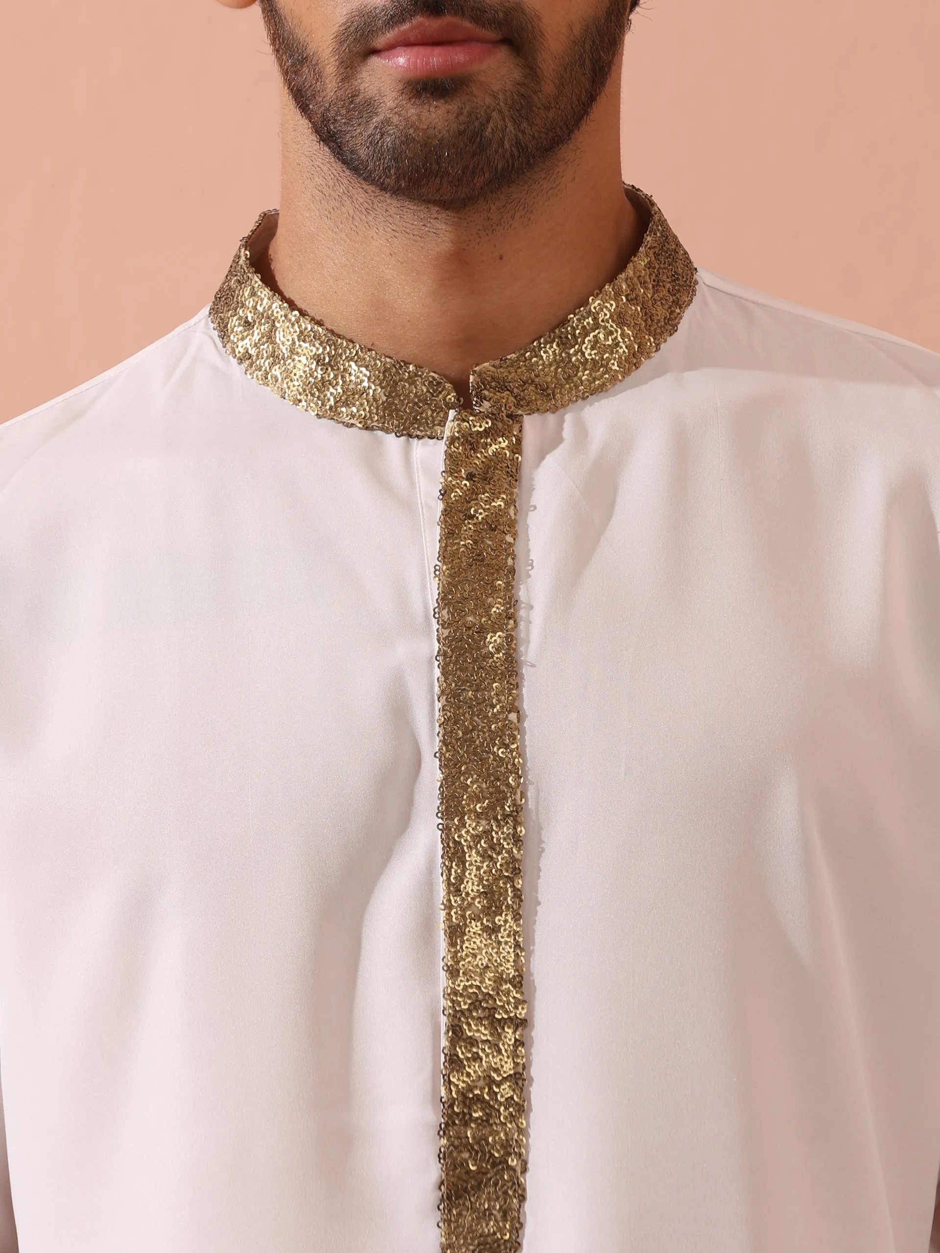 White & Gold Sequin Crepe Kurta with Hidden Placket