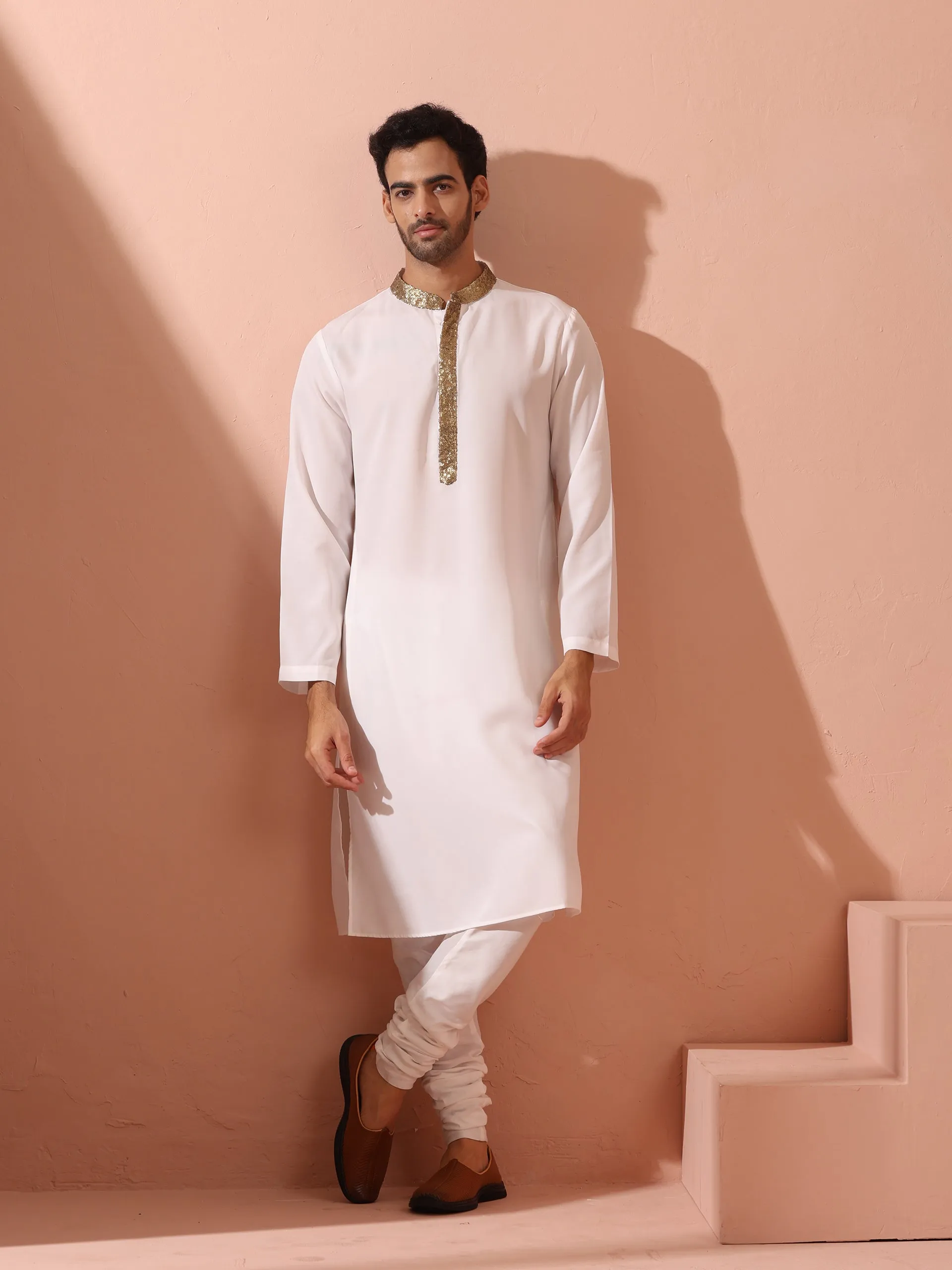 White & Gold Sequin Crepe Kurta with Hidden Placket