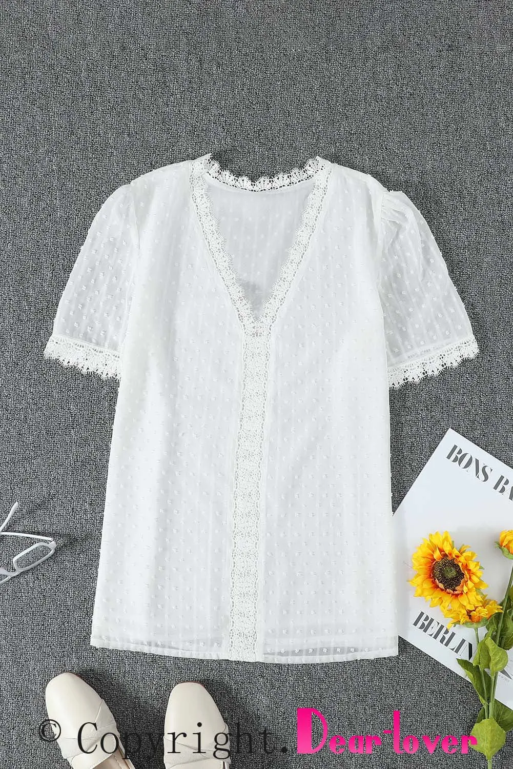 White Lace Splicing V-Neck Swiss Dot Short Sleeve Top