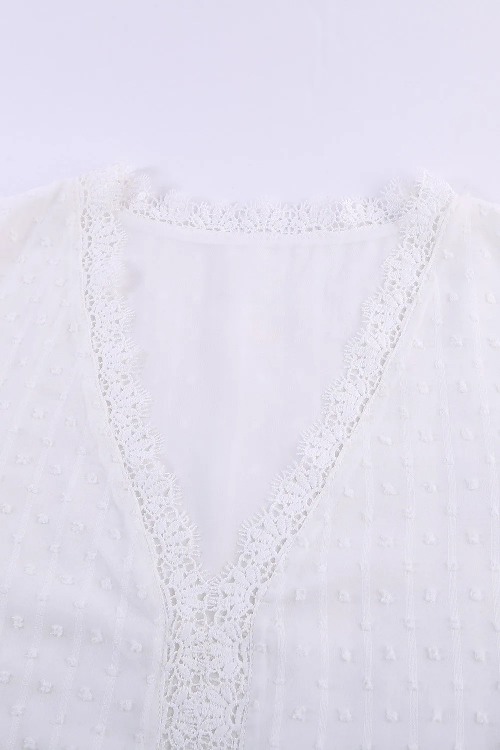 White Lace Splicing V-Neck Swiss Dot Short Sleeve Top