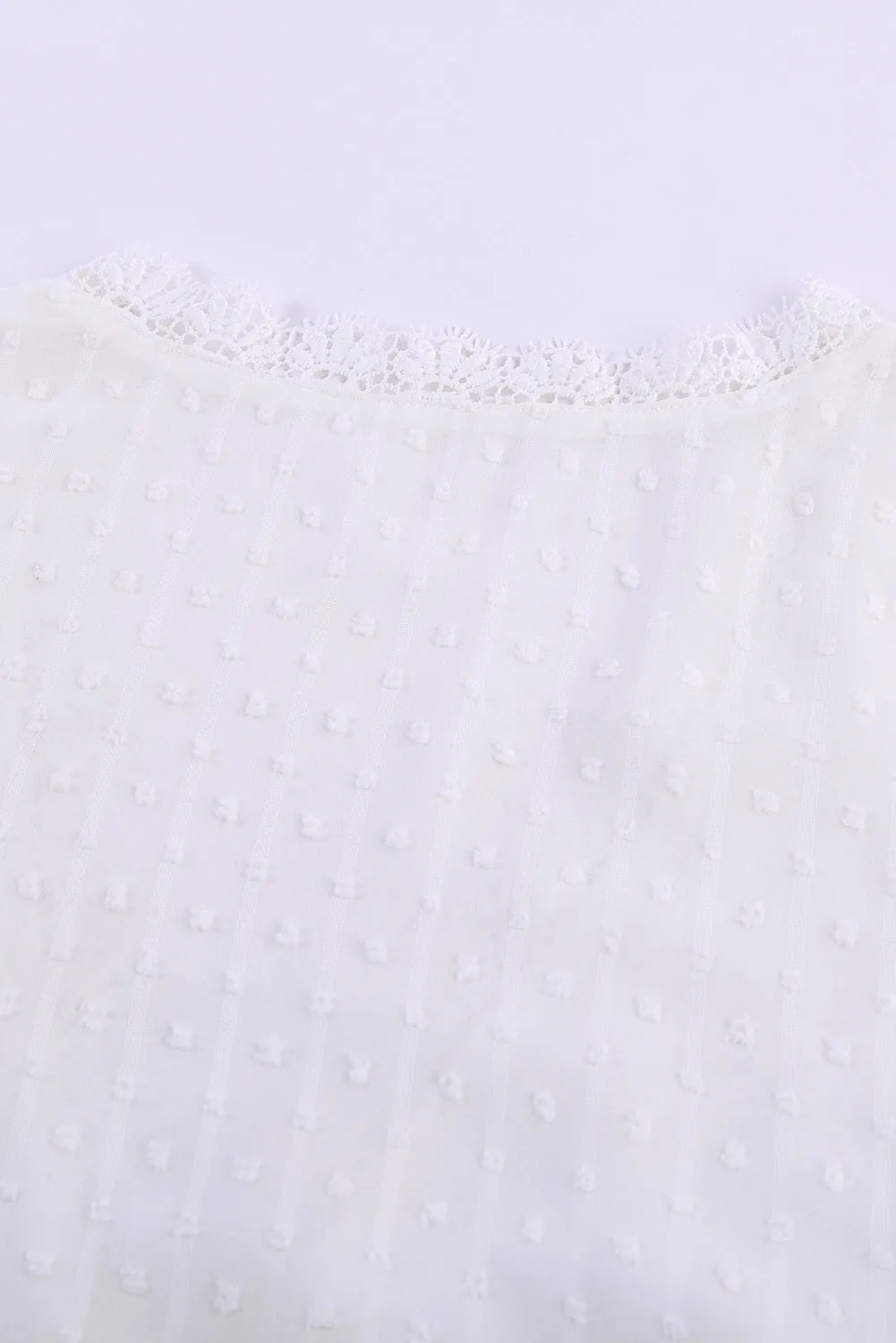 White Lace Splicing V-Neck Swiss Dot Short Sleeve Top