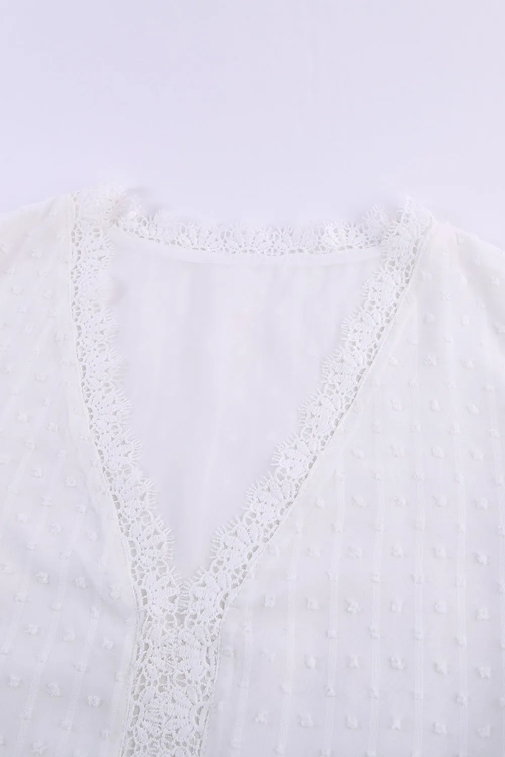 White Lace Splicing V-Neck Swiss Dot Short Sleeve Top