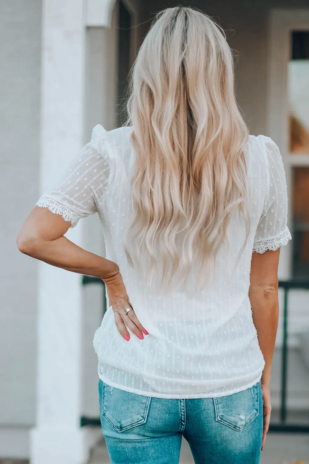 White Lace Splicing V-Neck Swiss Dot Short Sleeve Top