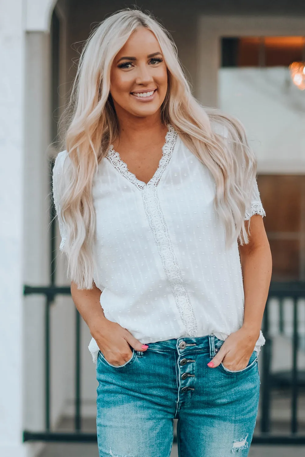 White Lace Splicing V-Neck Swiss Dot Short Sleeve Top