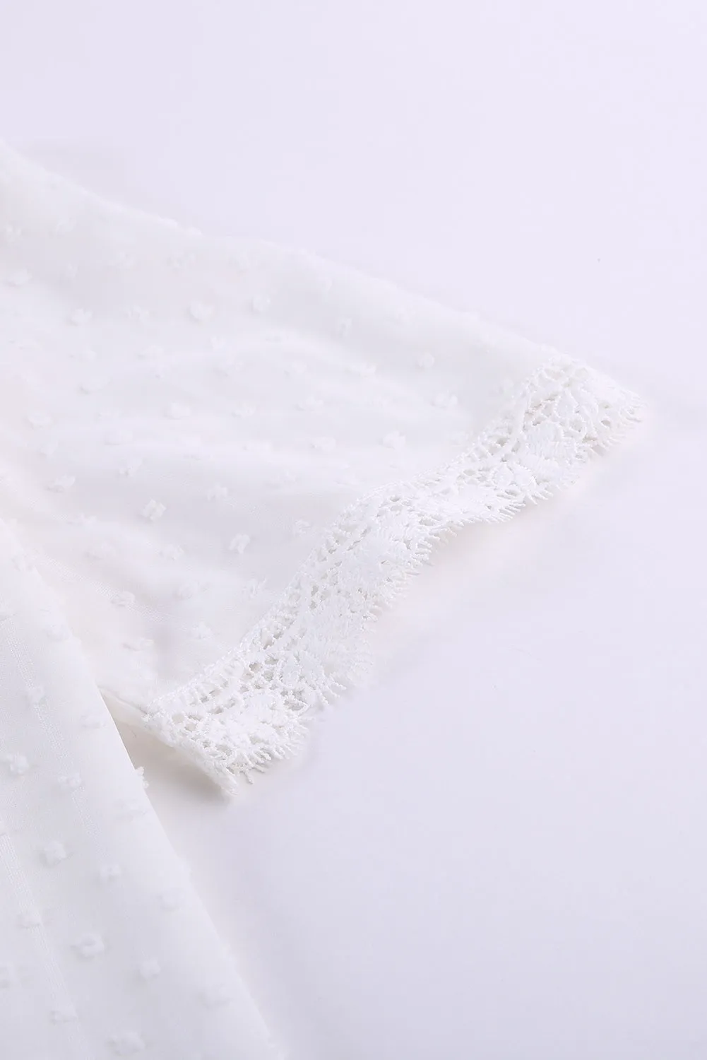 White Lace Splicing V-Neck Swiss Dot Short Sleeve Top