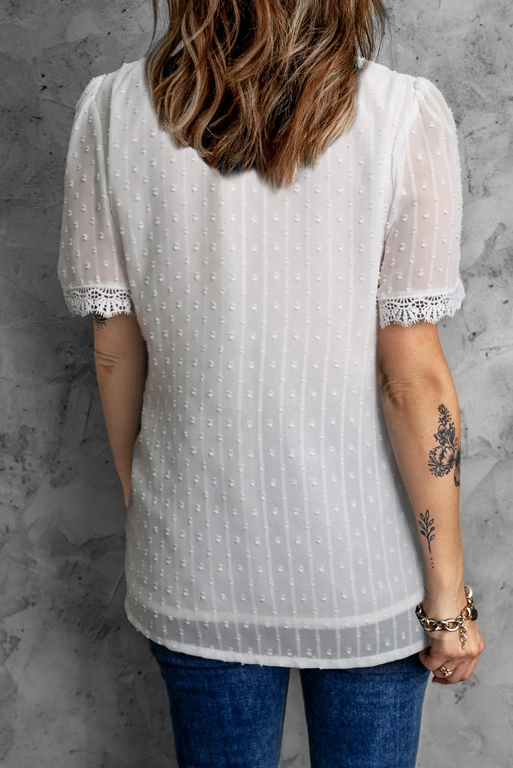White Lace Splicing V-Neck Swiss Dot Short Sleeve Top