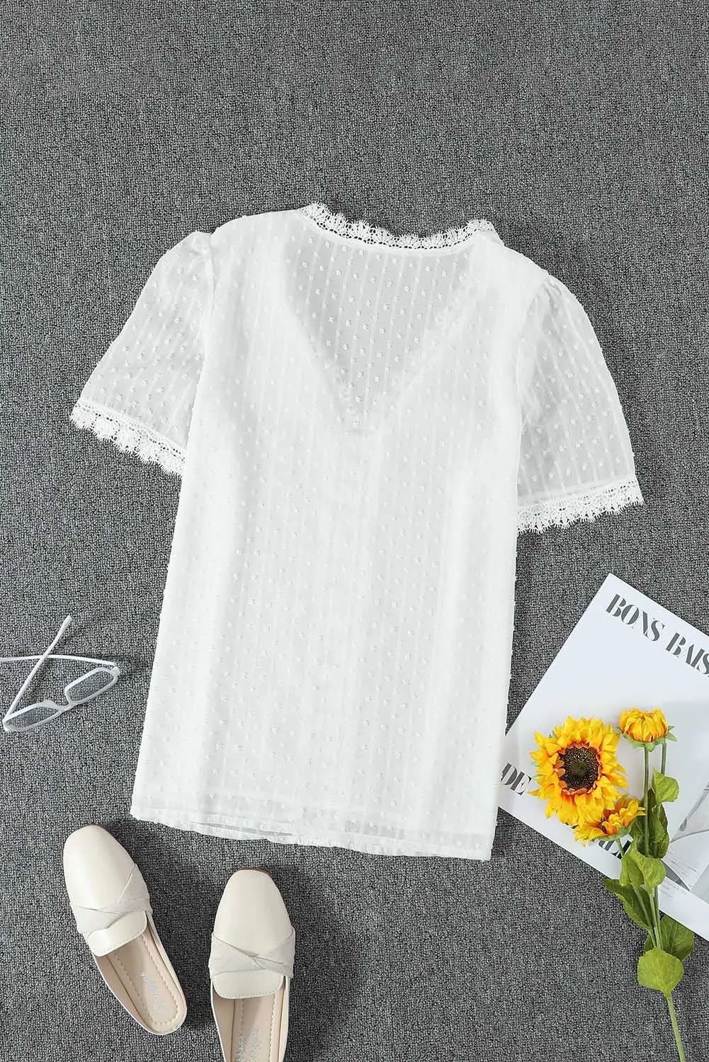White Lace Splicing V-Neck Swiss Dot Short Sleeve Top
