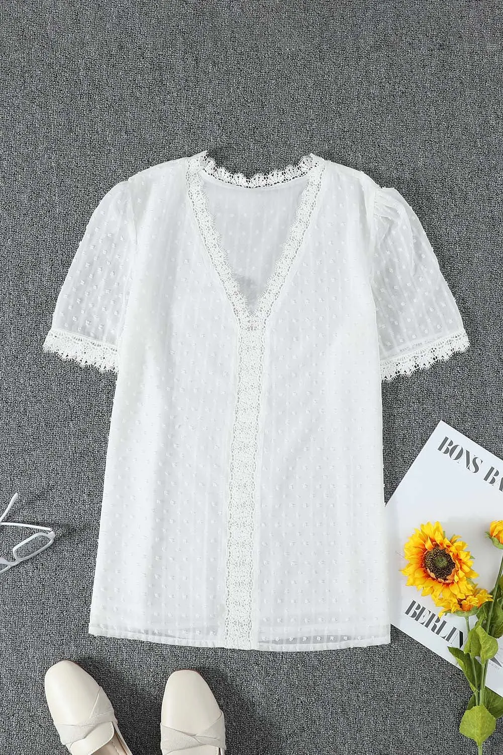 White Lace Splicing V-Neck Swiss Dot Short Sleeve Top