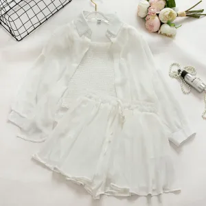 White Sheer Shirt And Shorts Co-Ord Set