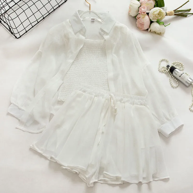 White Sheer Shirt And Shorts Co-Ord Set