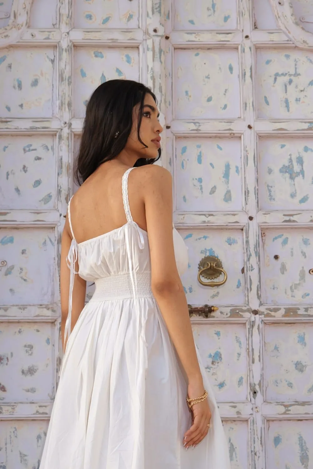 White Solid Strappy Midi Dress